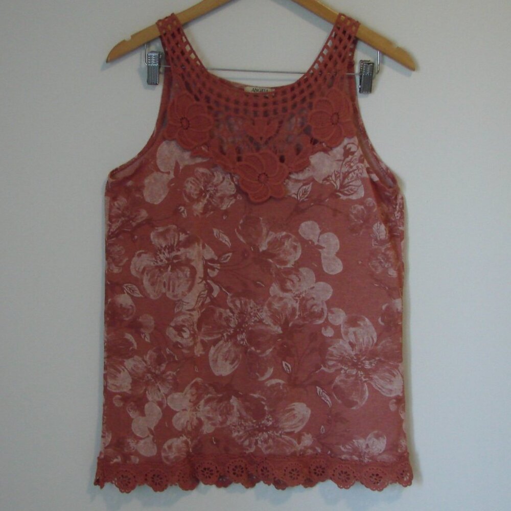 Crochet Lace Floral Tank Top Italy Soft Pink Salmon Boho Flowy Loose Size Small - Picture 2 of 14